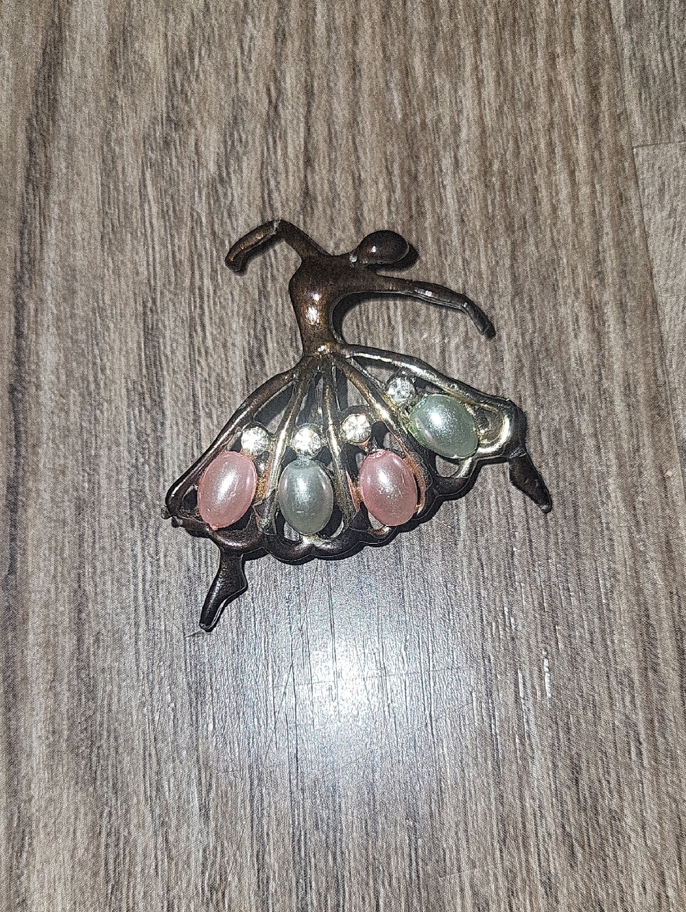 Vintage 1950s 1960s Ballerina Faux Pearl Rhinestone Brooch Pin Gold Tone